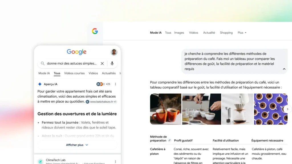 Aperçu des AI Overviews et du Mode IA de Google affichant une synthèse de réponse et des liens vers des sources.
