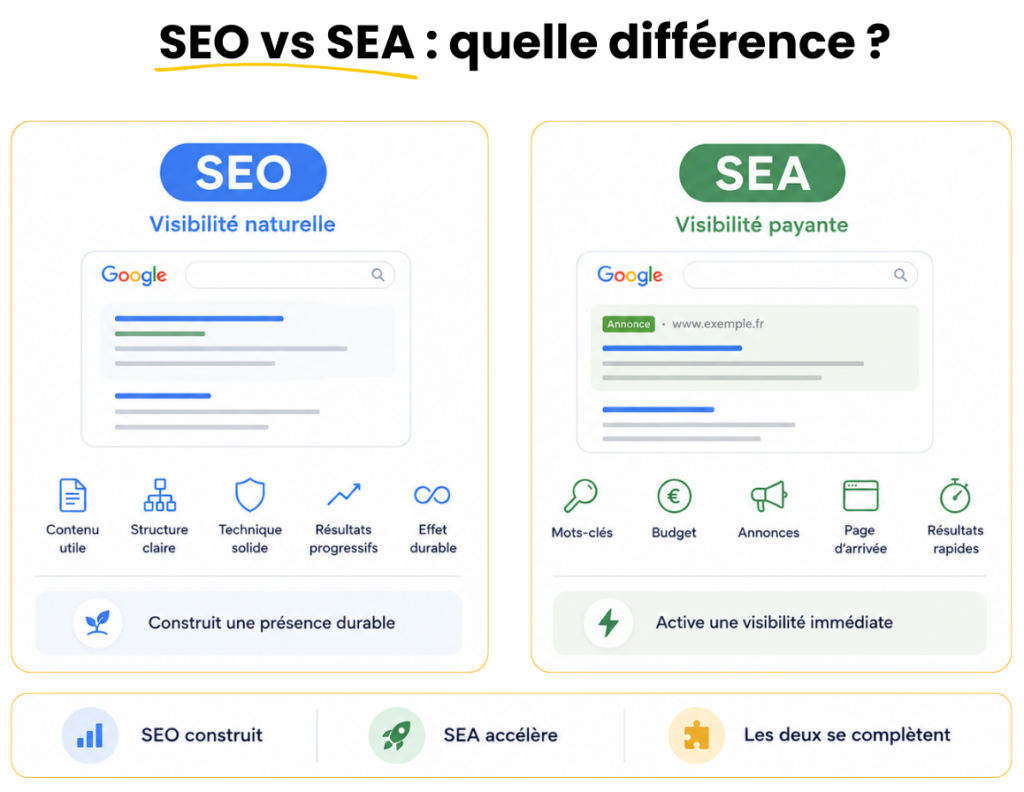 Schéma comparant le SEO et le SEA : le SEO construit une visibilité naturelle et durable grâce au contenu, à la structure et à la technique, tandis que le SEA active une visibilité payante et rapide grâce aux mots-clés, au budget, aux annonces et aux pages d’arrivée.