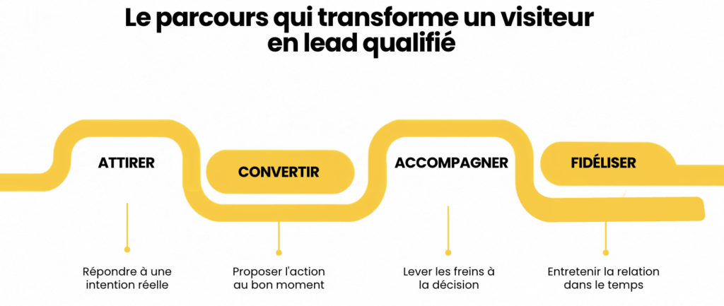 Schéma du parcours inbound en quatre étapes : attirer les bonnes personnes avec des contenus utiles, convertir au bon moment avec une action adaptée, accompagner la réflexion pour lever les freins, puis fidéliser grâce à un suivi personnalisé.